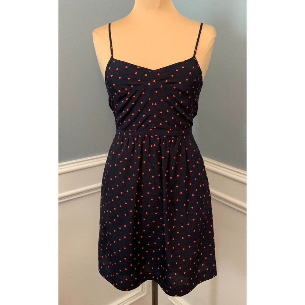J Crew Dress Womens 0 Seaside Cami Polka Dot Navy Lined Midi Sun